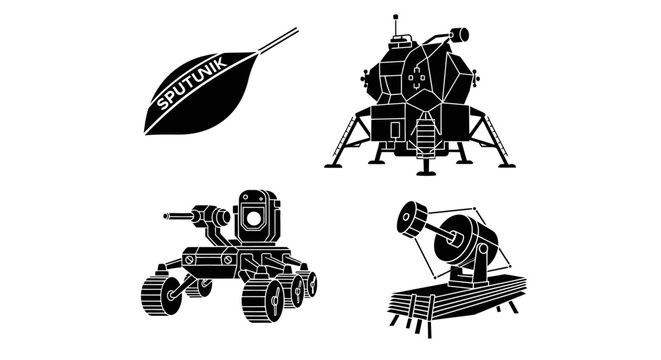 Space Exploration Icons: Sputnik, Lunar Lander, Rover, Telescope