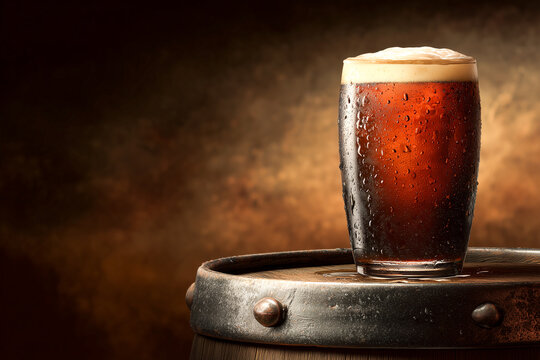 Cold dark beer glass with foam on top of an old wooden barrel close up. Refreshing craft ale or stout with water drops on warm textured brown background