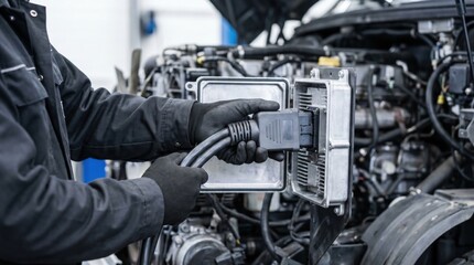 Fototapeta premium Mechanic in black uniform connecting a diagnostic diagnostic cable plug into a heavy truck engine ECU