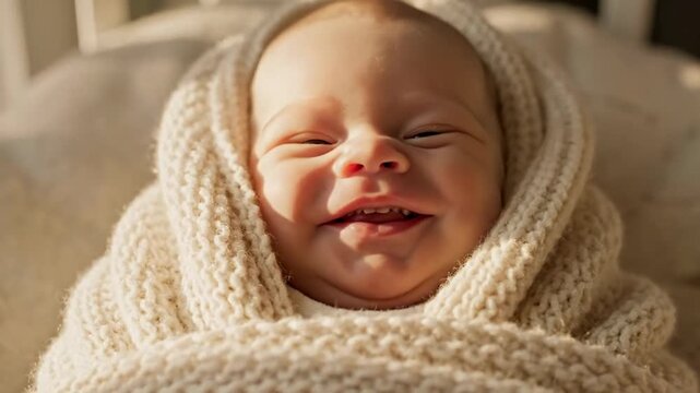 Smiling newborn baby wrapped in a soft knitted blanket, warm natural window light creates a cozy peaceful mood, ideal for parenting themes and nursery decor