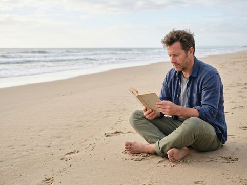 Man reading paperback alone on a quiet empty beach