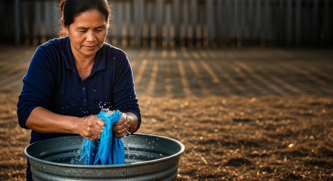 Woman handwashing vibrant blue garment in metal basin outdoors during golden hour sunlight, capturing traditional domestic labor