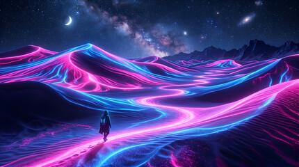 Obraz premium Person walking through glowing neon desert dunes under a starry night sky with galaxy