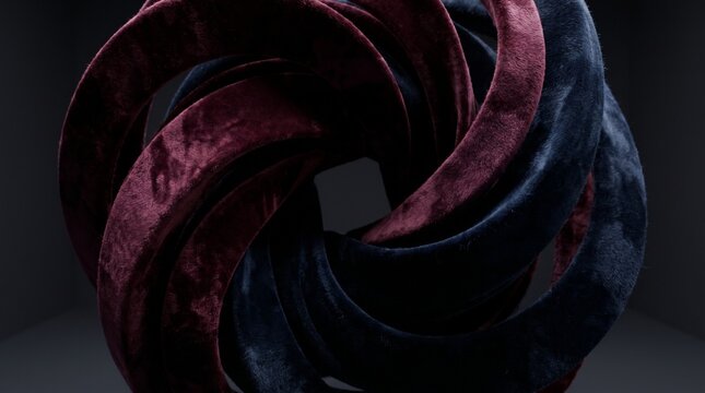 Abstract swirling torus shape made of plush fabric in deep red and navy blue