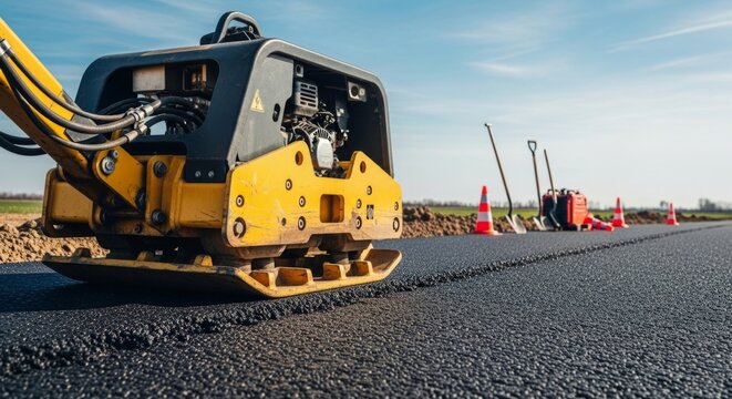 Yellow vibratory plate compactor leveling fresh asphalt surface on a bright sunny day for road construction.