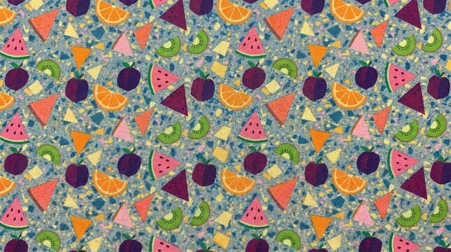 Colorful Abstract Fruit Pattern with Geometric Shapes and Terrazzo Background