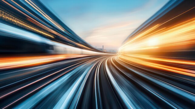 Abstract motion blur of a train traveling at high speed with a city skyline in the background.