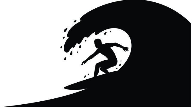 Surfer silhouette riding a wave black and white graphic
