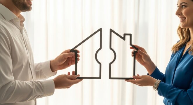 Couple holding house outlines, symbolizing fractional property ownership and collaboration in a bright, modern space