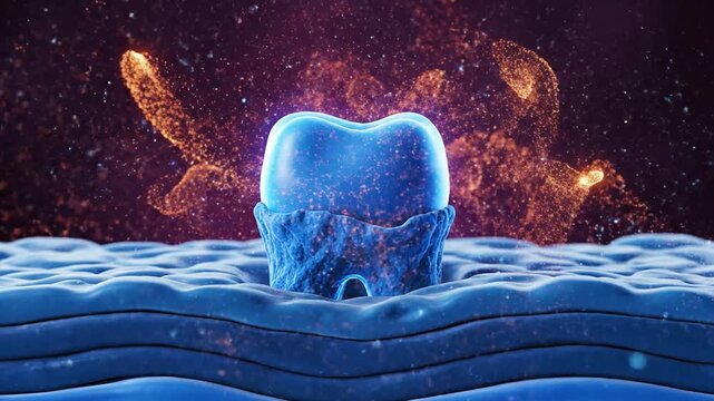 Glowing Dental Crown Surrounded By Energy Waves Illustrating Innovations In Dental Health And Beauty