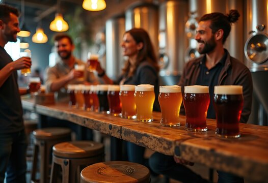 Craft Beer Enthusiasts Sampling Diverse Flights with Friends at Busy Brewery