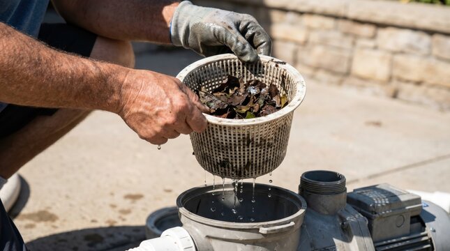 Person's hands holding a pool pump skimmer basket full of wet fallen leaves after removing it from the pump housing