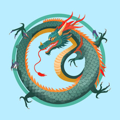 Fototapeta premium Round green dragon snake ring emblem for epic eastern mythology game asset and traditional oriental graphic design layout element