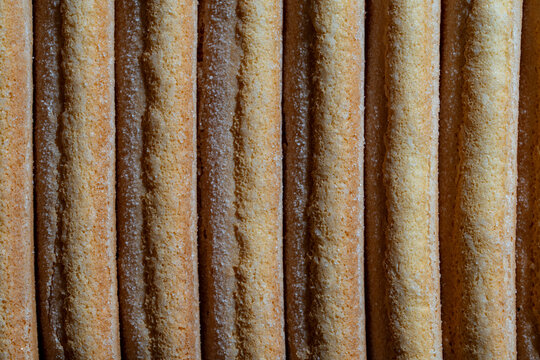 Ladyfinger biscuits row macro texture ladyfingers background. Closeup full frame view of sweet spongy ladyfingers biscuits covered with sugar crystals arranged in a row
