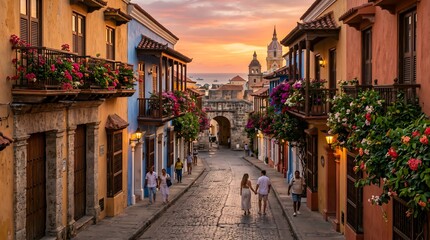 Fototapeta premium Colonial Romance: High-Angle View of Cartagena's Vibrant Historic Street, Flower-Draped Balconies, and Cobblestone Pavement Leading to a Stone Arch and Cathedral Tower at Sunset