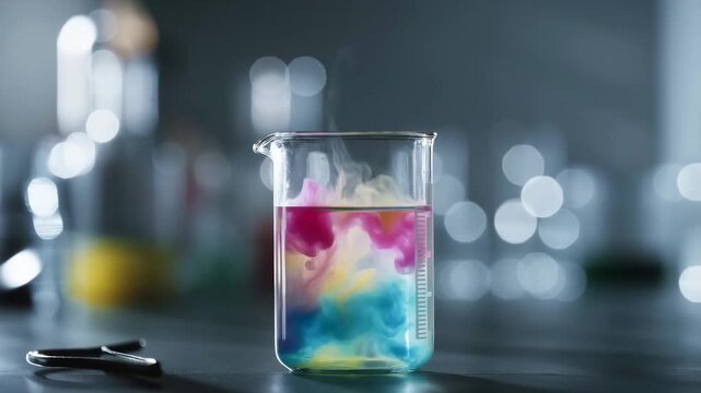 Colorful dye diffusion in water within laboratory beaker  chemistry experiment in slow motion