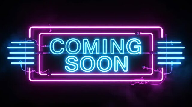 Vibrant Neon Coming Soon Sign with Blue and Pink Glow on Black Background with Smoke, ideal for marketing announcements and website teasers.