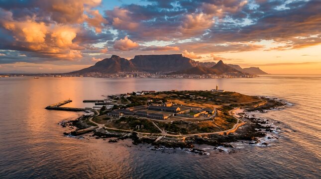 Historic Horizon: Breathtaking Aerial View of Robben Island and its Landmark Prison Complex against the Dramatic Backdrop of Table Mountain and Cape Town at Golden Sunset