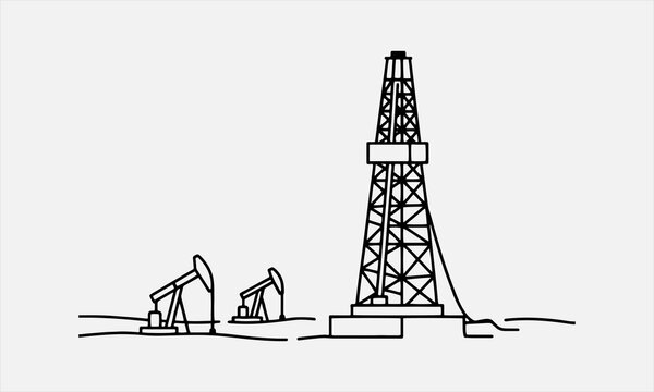 Silhouetted against sunset sky with Industrial oil drilling derrick at desert oilfield line art icon set. vector illustration