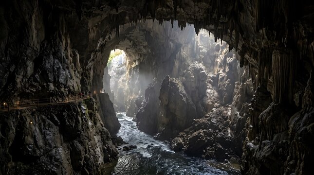 Subterranean Marvel: The Grand Underground Canyon of &Scaron;kocjan Caves with a Rushing River and Majestic Limestone Formations Illuminated by Ethereal Volumetric Light Beams
