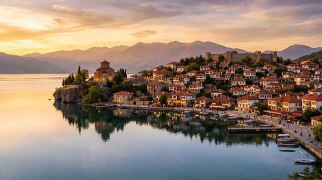Balkan Heritage: The Historic Lakeside Town of Ohrid, Featuring the Church of Saint John at Kaneo and Samuel's Fortress, Reflected in Pristine Waters at Golden Sunset