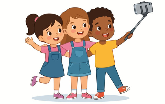 Group of happy children taking selfie together. Social friendship concept with smiling kids capturing memories using smartphone and selfie stick in cartoon vector illustration.