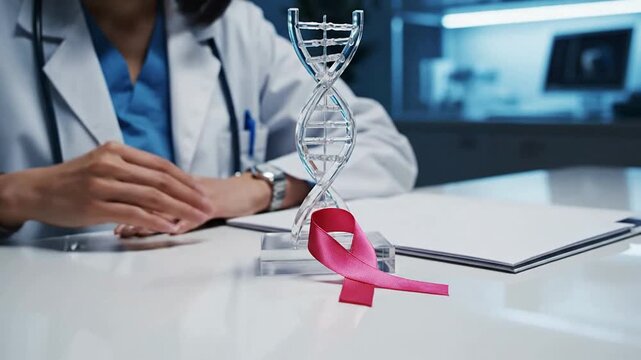 Healthcare Professional Examining DNA Model and Pink Breast Cancer Awareness Ribbon in Laboratory Setting