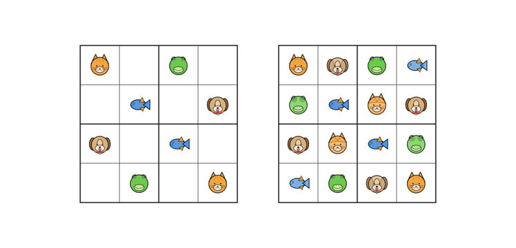 Animal Sudoku for Kids with Cat Dog Frog Fish Vector