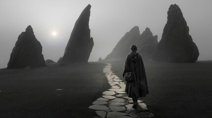 Fototapeta premium Woman walking along an ancient stone path through mist-covered rock formations, illuminated by the rising sun. Atmospheric historical journey.