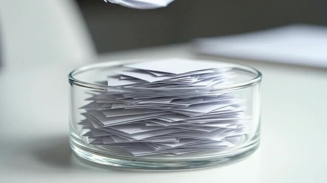 High-Angle Close-Up of Slips of Paper Being Dispersed Into a Glass Bowl on a Soft Focus Background Representing Decision Making and Selection Processes