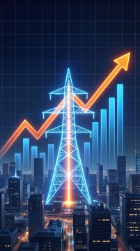 Transmission tower glowing with neon light over night city skyline. Rising utility costs and energy consumption growth concept with upward arrow and bar graph.