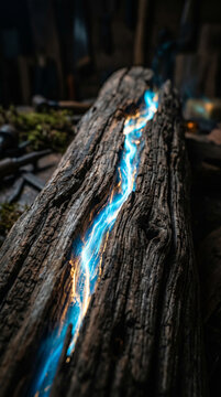 Macro shot of a glowing vein of light running through a piece of natural, aged driftwood. The light represents clean energy flow. Dark, moody background, sharp focus on the wood grain and the luminous