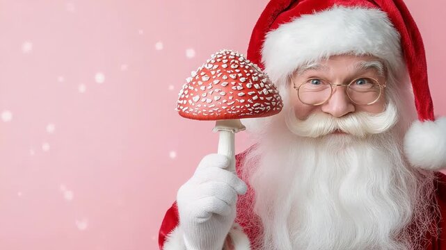 Santa claus holding red mushroom on pink snowy background