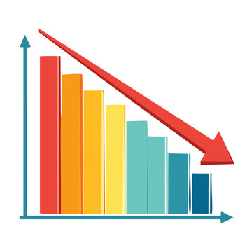 Bar chart showing a downward trend with a red arrow