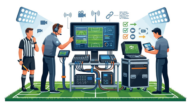 Referee and technicians operating video assistant referee system with multiple screens and equipment on green field