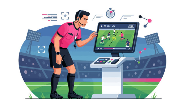 Soccer referee using video assistant referee var technology at stadium field to review match footage on screen with digital analysis tools and data analytics interface for fair officiating