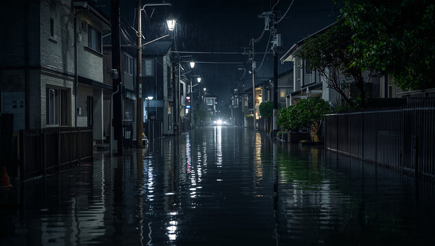 夜の住宅街で道路が冠水し通行止め表示が光る洪水写真