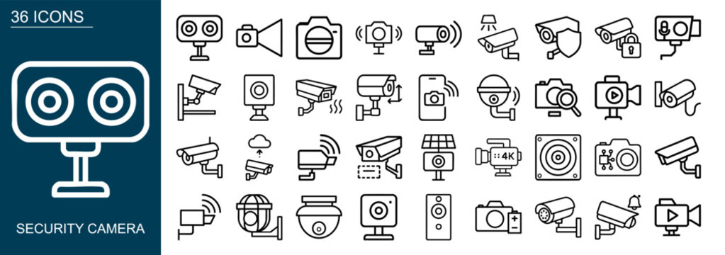 Comprehensive set of thirty six security camera and surveillance system icons featuring various digital monitoring devices and modern technology outline symbols