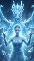 Naklejka premium Ice queen summoning frost dragon. Fantasy character with glowing blue eyes controlling winter magic and frozen mythical creature.