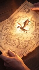 Naklejka premium Ancient treasure map glowing with magical dragon silhouette. Hands holding weathered parchment with fantasy world cartography and mythical creature illustration.