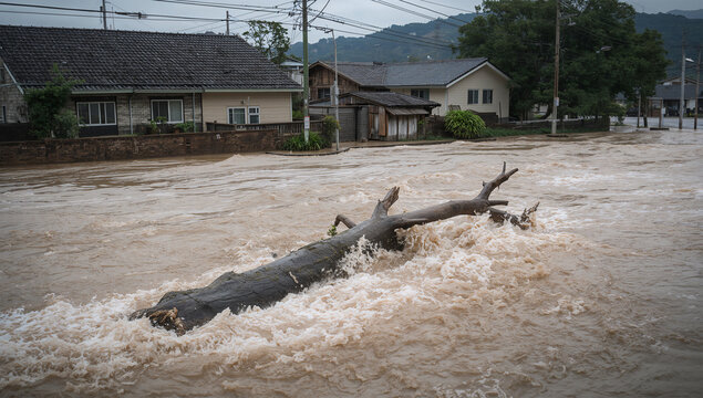 住宅街を流れる濁流に流木が押し寄せる豪雨後の水害風景