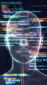 Wireframe human head model with glowing data streams. Artificial intelligence and machine learning concept in digital space.