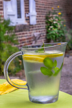 Refreshing Drink With Lemon and Mint in Garden