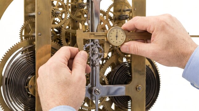 Clockmaker measuring a gear inside a complex brass clock mechanism with a caliper