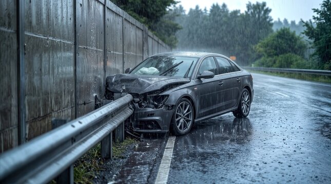 Wrecked vehicle after collision with highway guardrail during heavy rain. Frontal impact with deployed airbags on wet road.