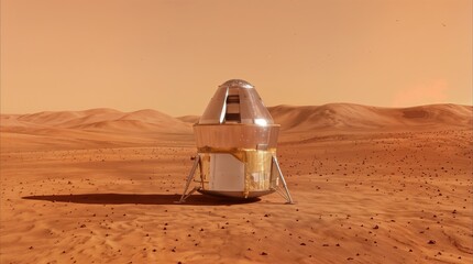 Obraz premium Space capsule landed on red planet surface. Scientific mission lander module on desert landscape of alien world.