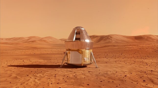 Space capsule landed on red planet surface. Scientific mission lander module on desert landscape of alien world.