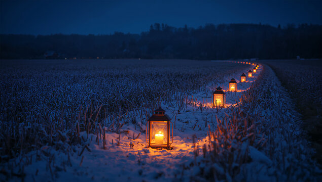 冬の雪道に暖かなランタンが並び青い夜に光る写真素材