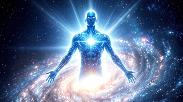 Cosmic being made of pure energy floating in center of spiral galaxy. Spiritual entity with glowing heart chakra in deep space.