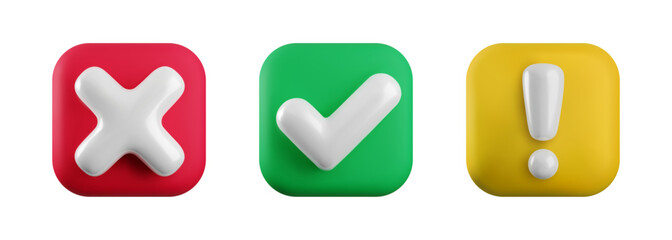 Obraz na płótnie Canvas Vector 3d checkmarks icon set. Square glossy yes tick, no cross and attention sign. Check mark, X symbol, exclamation mark on color button realistic 3d render. Right, wrong, warning notification set.